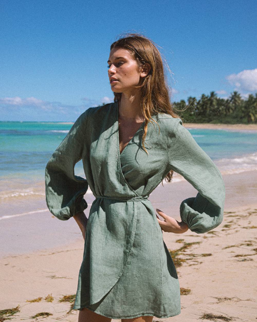 Manebí Linen Caracas Dress - Mineral Green Convenienza