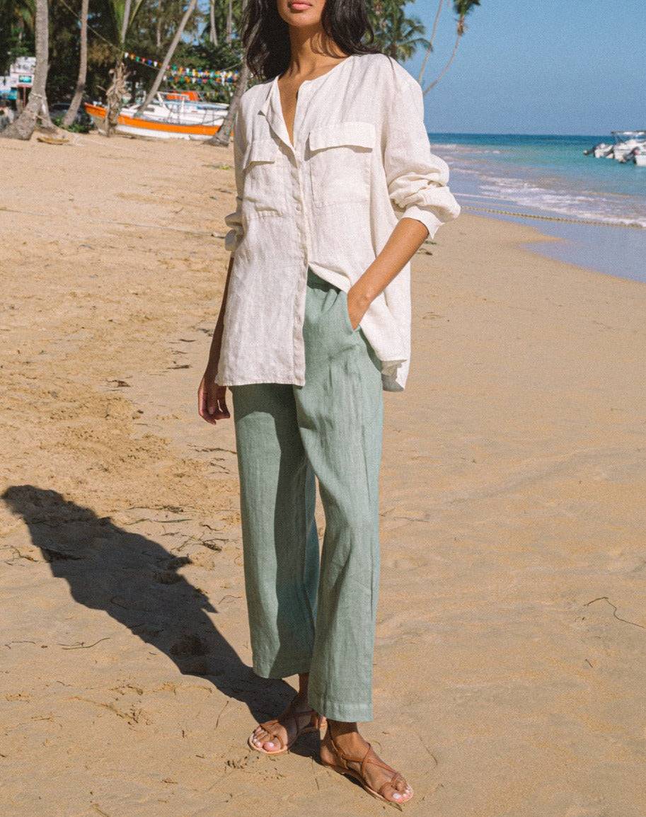 Manebí Linen Belem Trousers - Mineral Green Saldi
