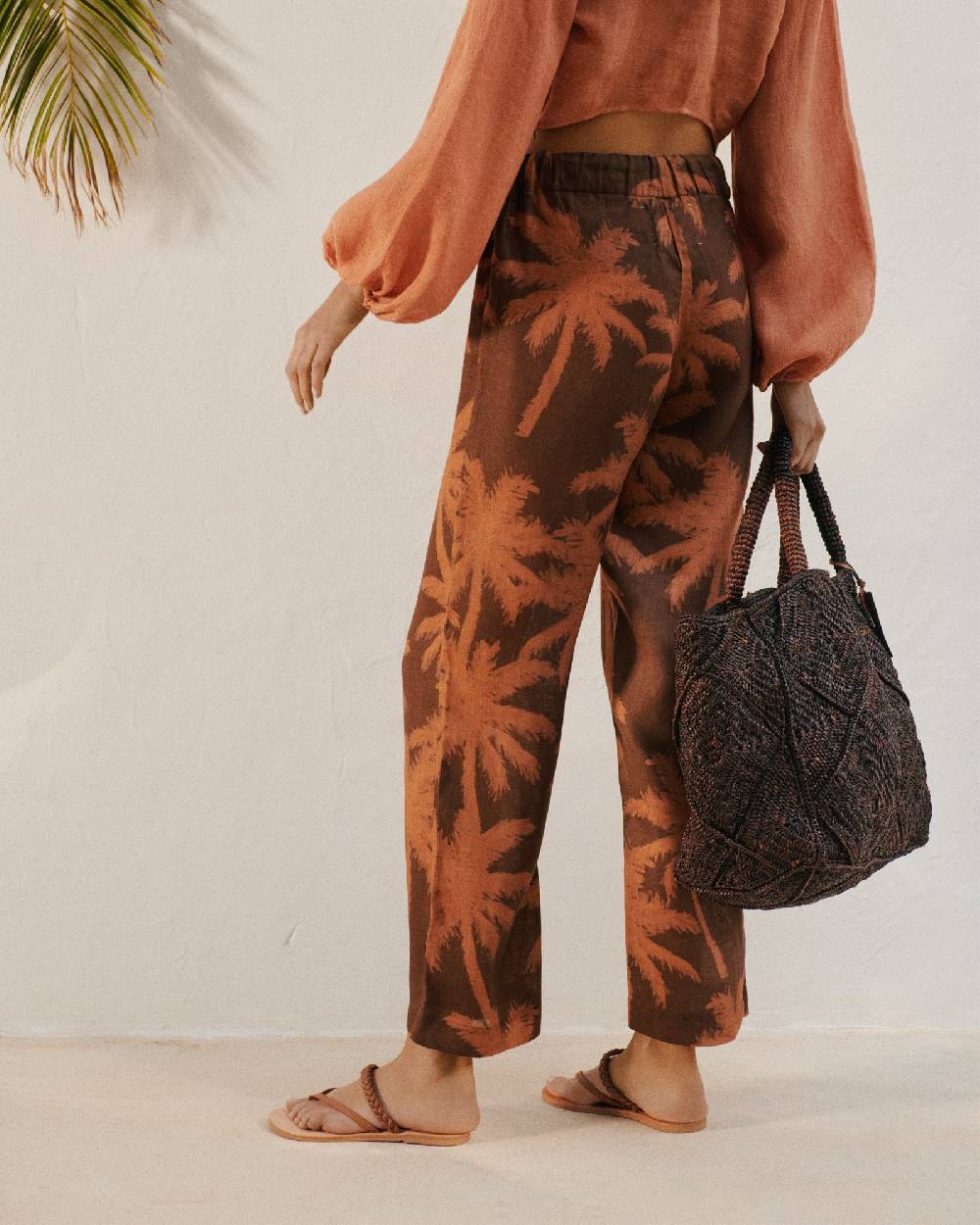 Manebí Printed Linen Belem Trousers - Cocoa And Orange Rust Maxi Palm Vendita Economica