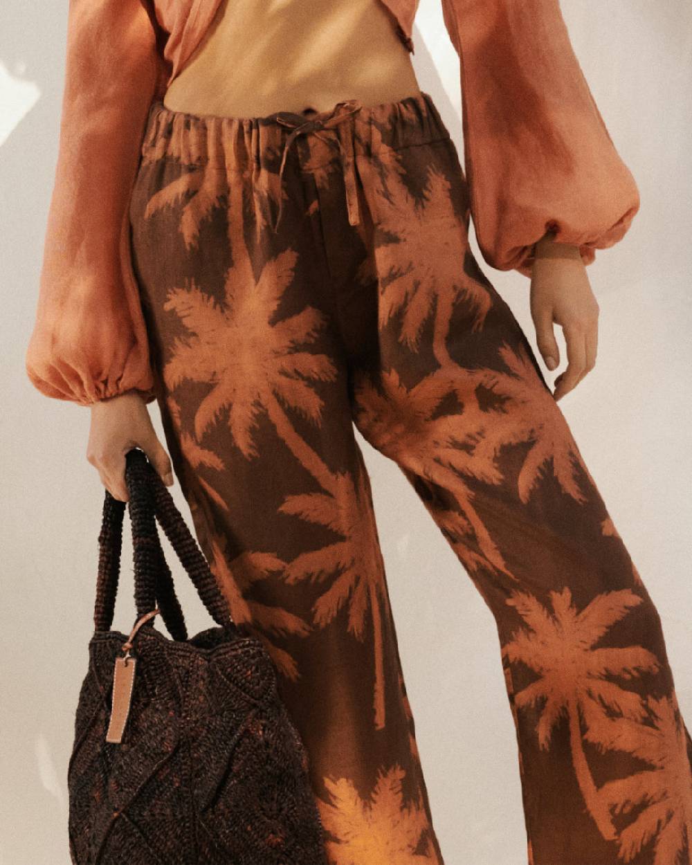 Manebí Printed Linen Belem Trousers - Cocoa And Orange Rust Maxi Palm Vendita Economica
