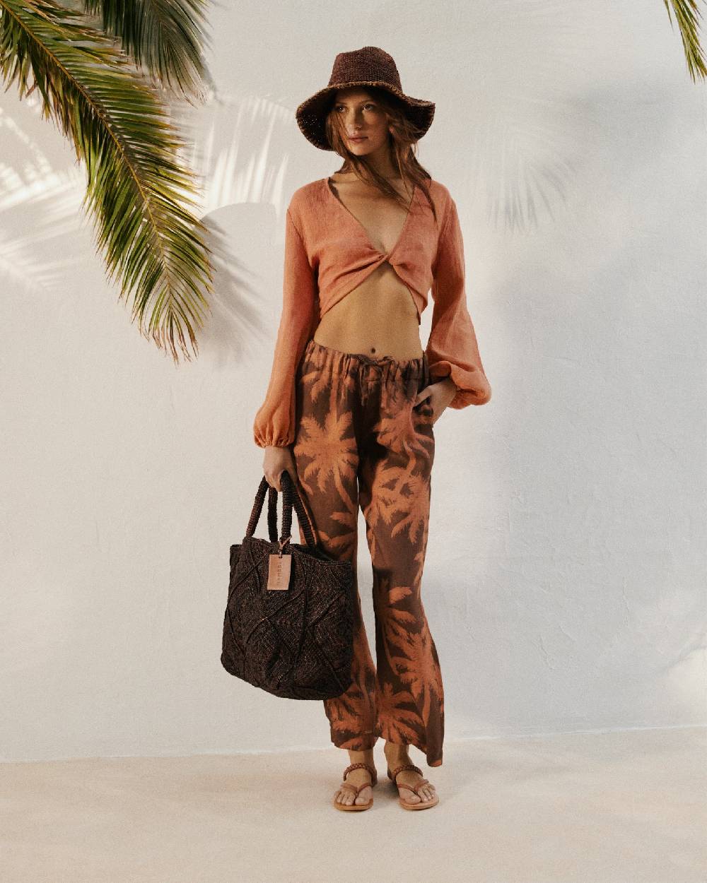 Manebí Printed Linen Belem Trousers - Cocoa And Orange Rust Maxi Palm Vendita Economica