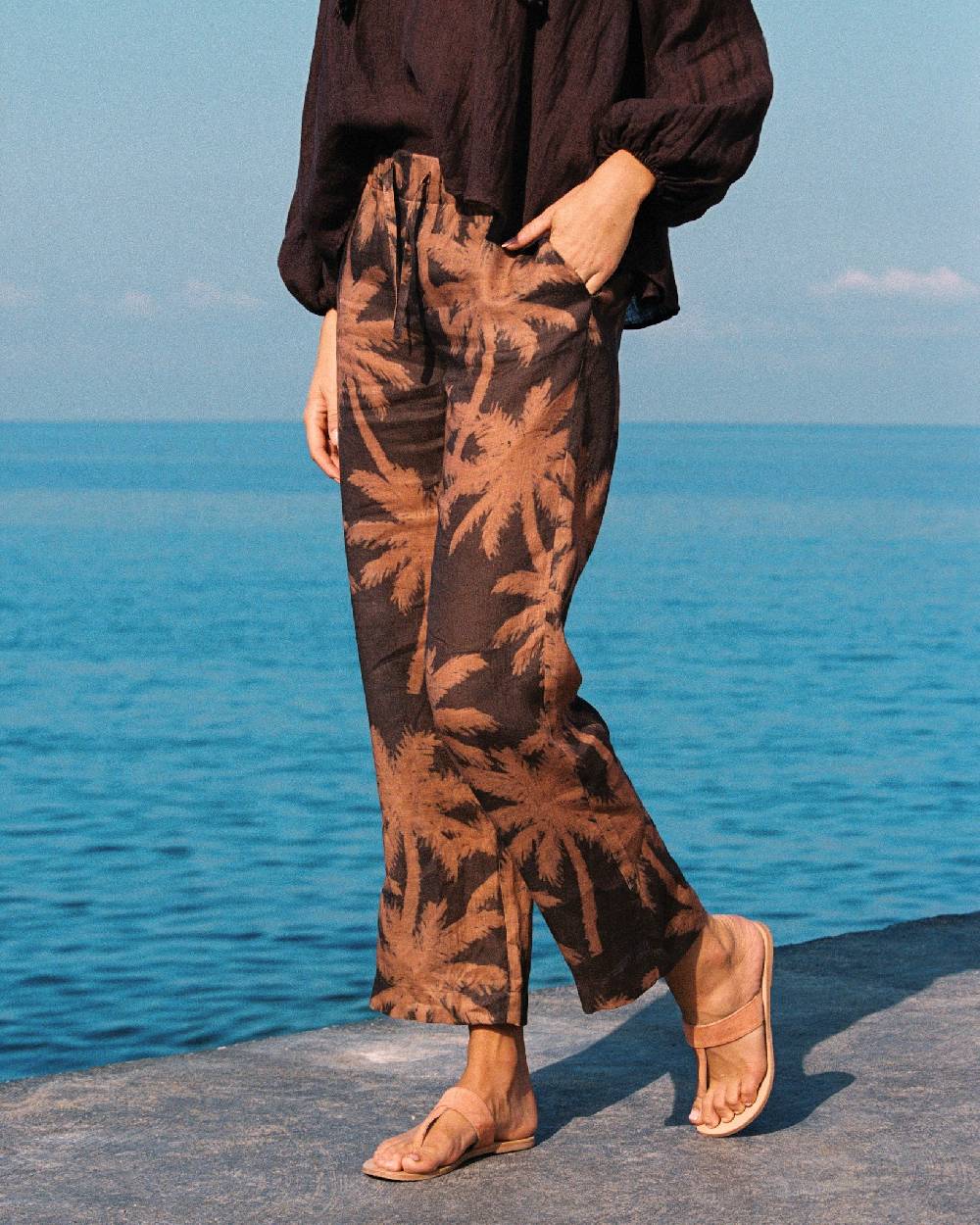 Manebí Printed Linen Belem Trousers - Cocoa And Orange Rust Maxi Palm Vendita Economica