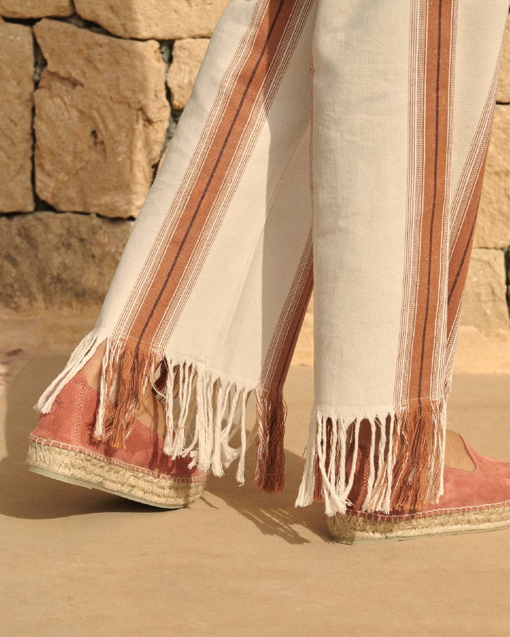 Manebí Cotton-Silk Blend Belem Trousers - Eggnog \u0026 Rust Stripes And Fringes I Più Venduti