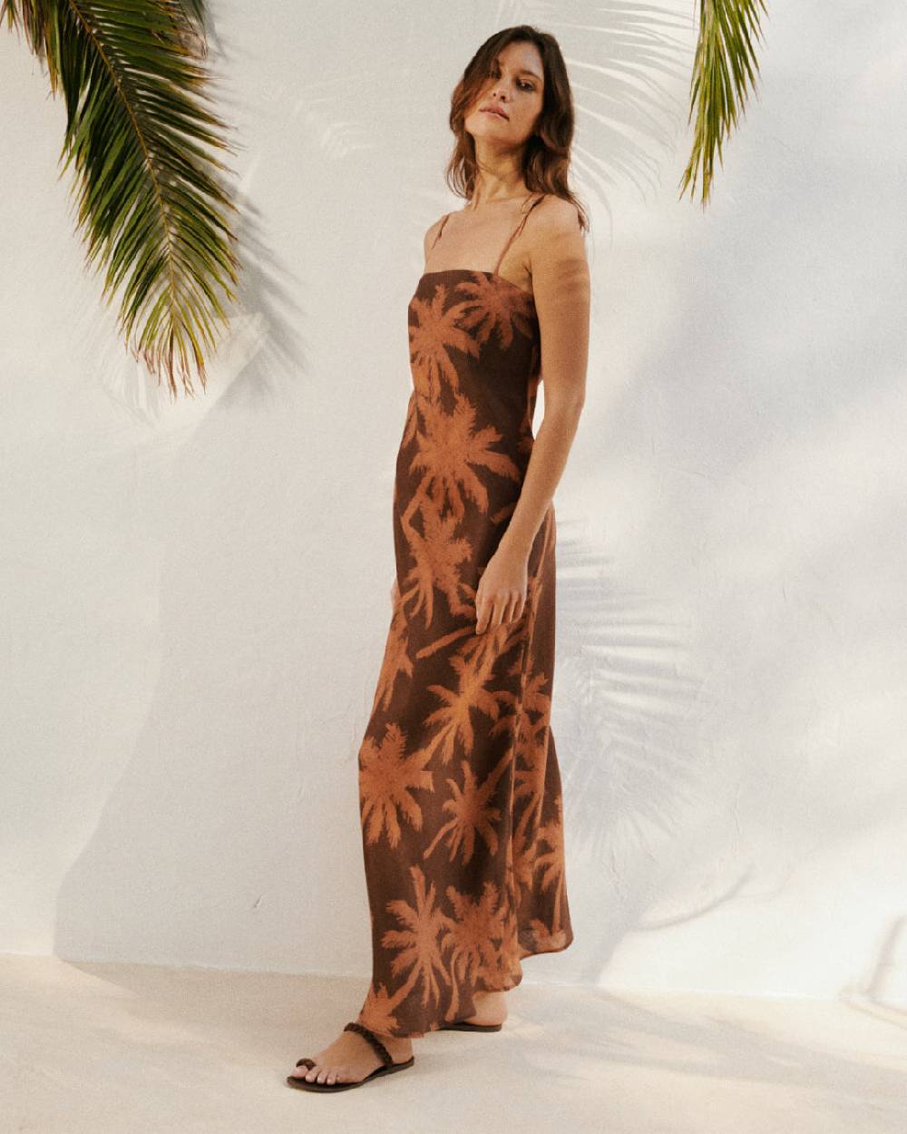 Manebí Printed Linen Cuzco Dress - Cocoa And Orange Rust Maxi Palm In Linea