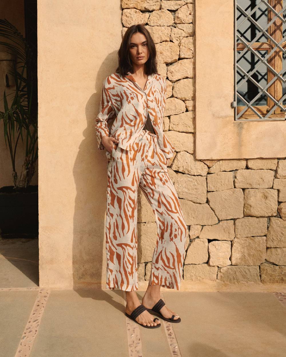 Manebí Printed Linen Belem Trousers - Eggnog \u0026 Orange Rust Zebra Spedizione Gratuita