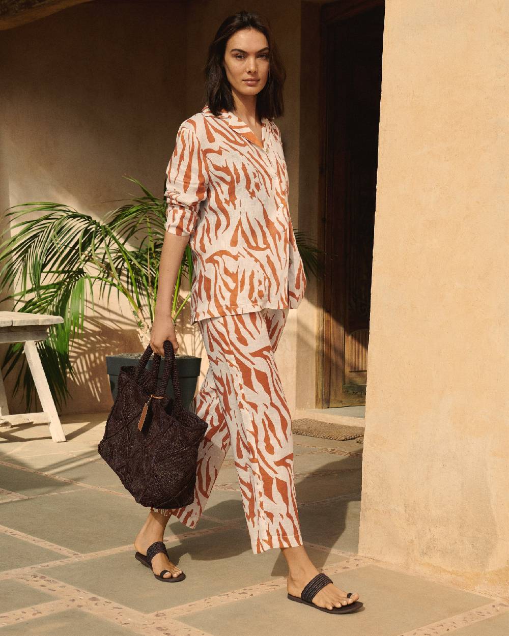 Manebí Printed Linen Belem Trousers - Eggnog \u0026 Orange Rust Zebra Spedizione Gratuita
