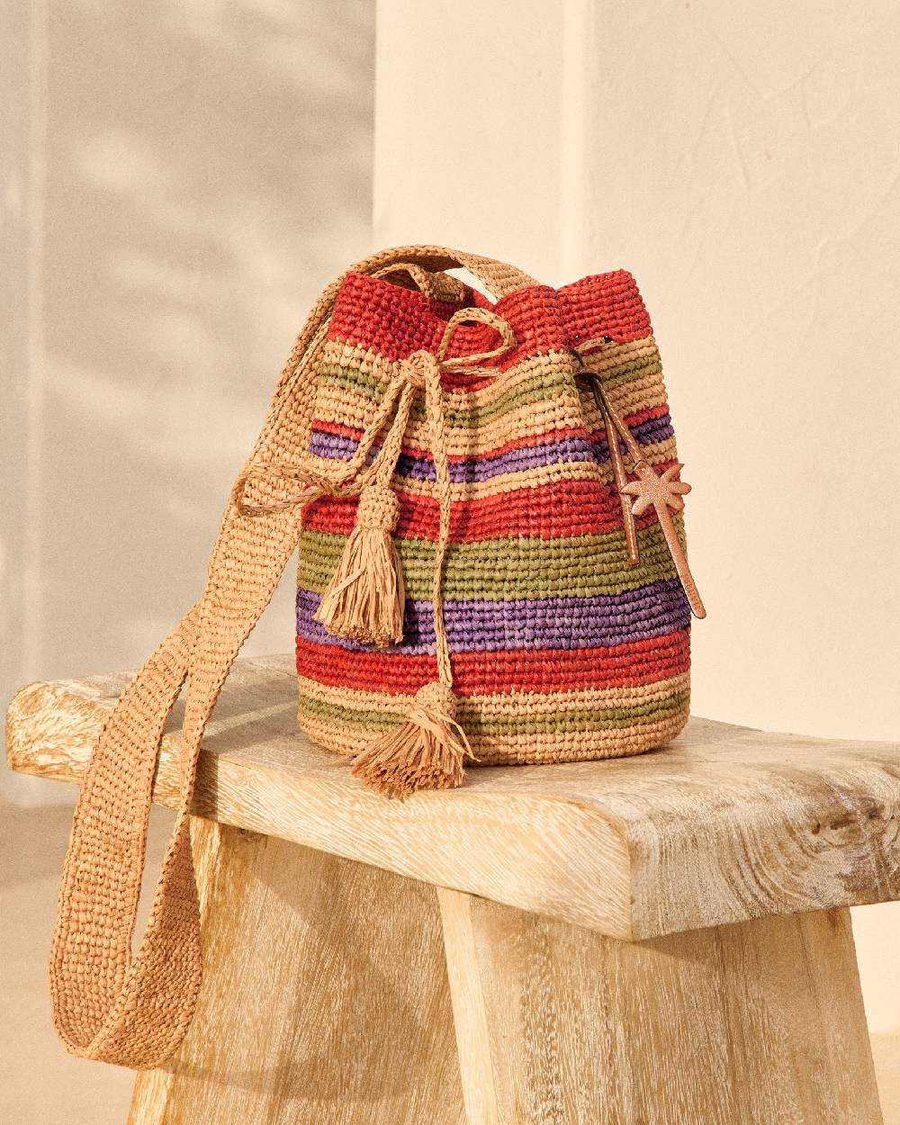 Manebí Raffia Beach Bucket - Rust Tan Mineral Green Summer Purple Stripes Offerte