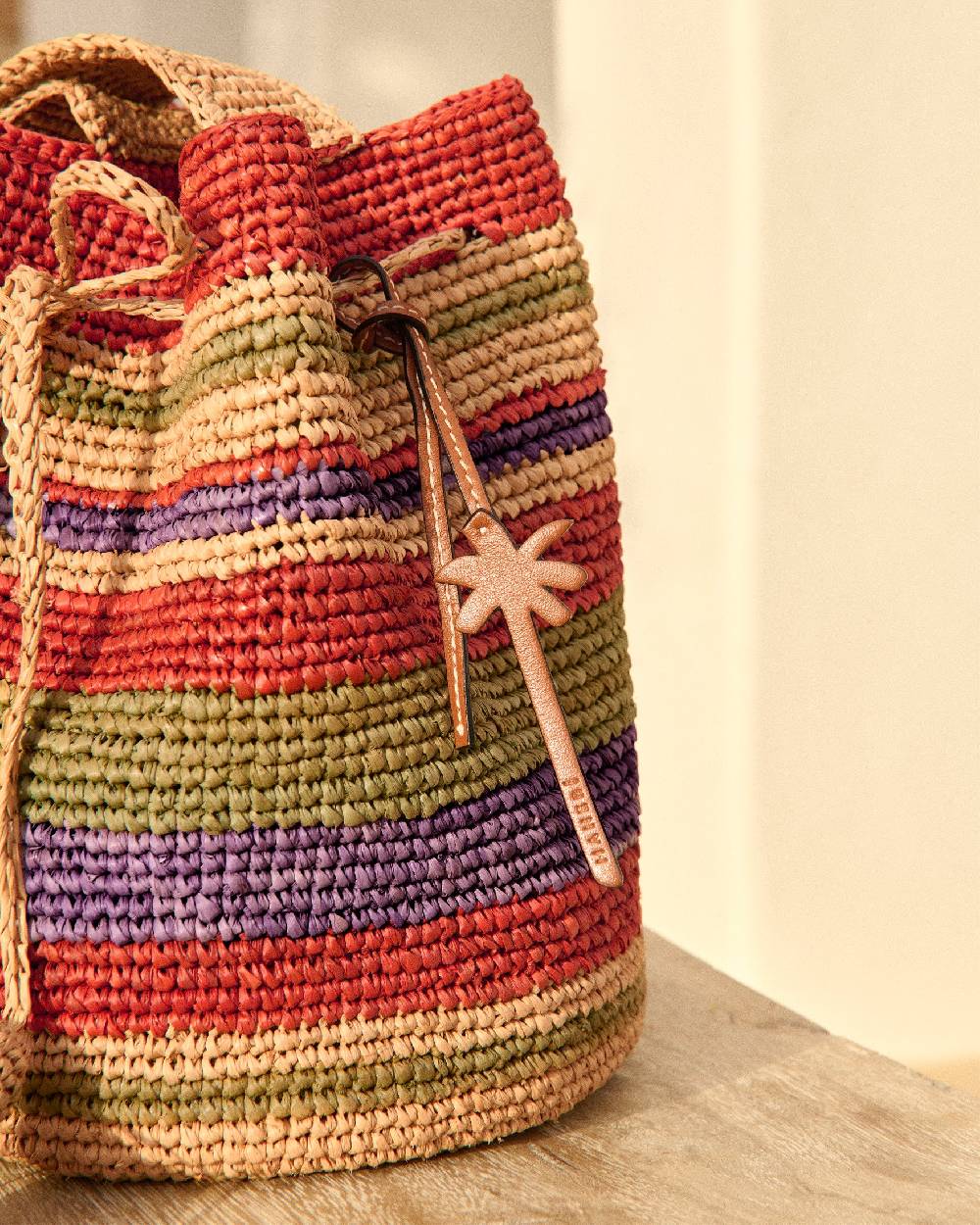 Manebí Raffia Beach Bucket - Rust Tan Mineral Green Summer Purple Stripes Offerte