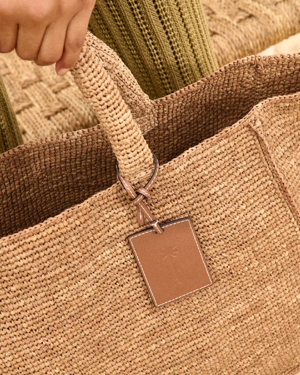 Manebí Raffia Sunset Bag Large - Leather Tag Tan In Saldo