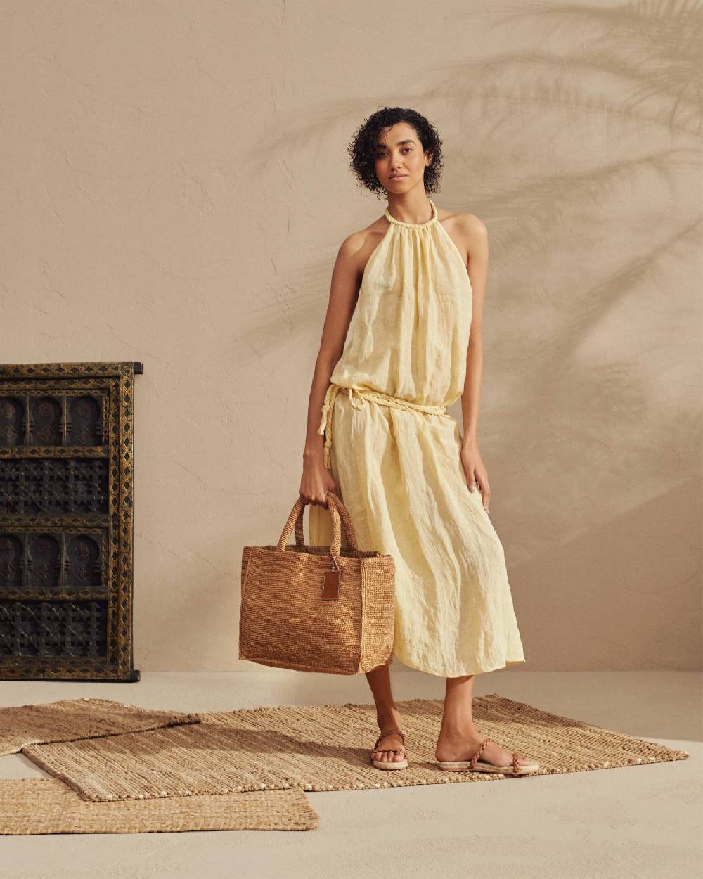 Manebí Raffia Sunset Bag Large - Leather Tag Tan In Saldo