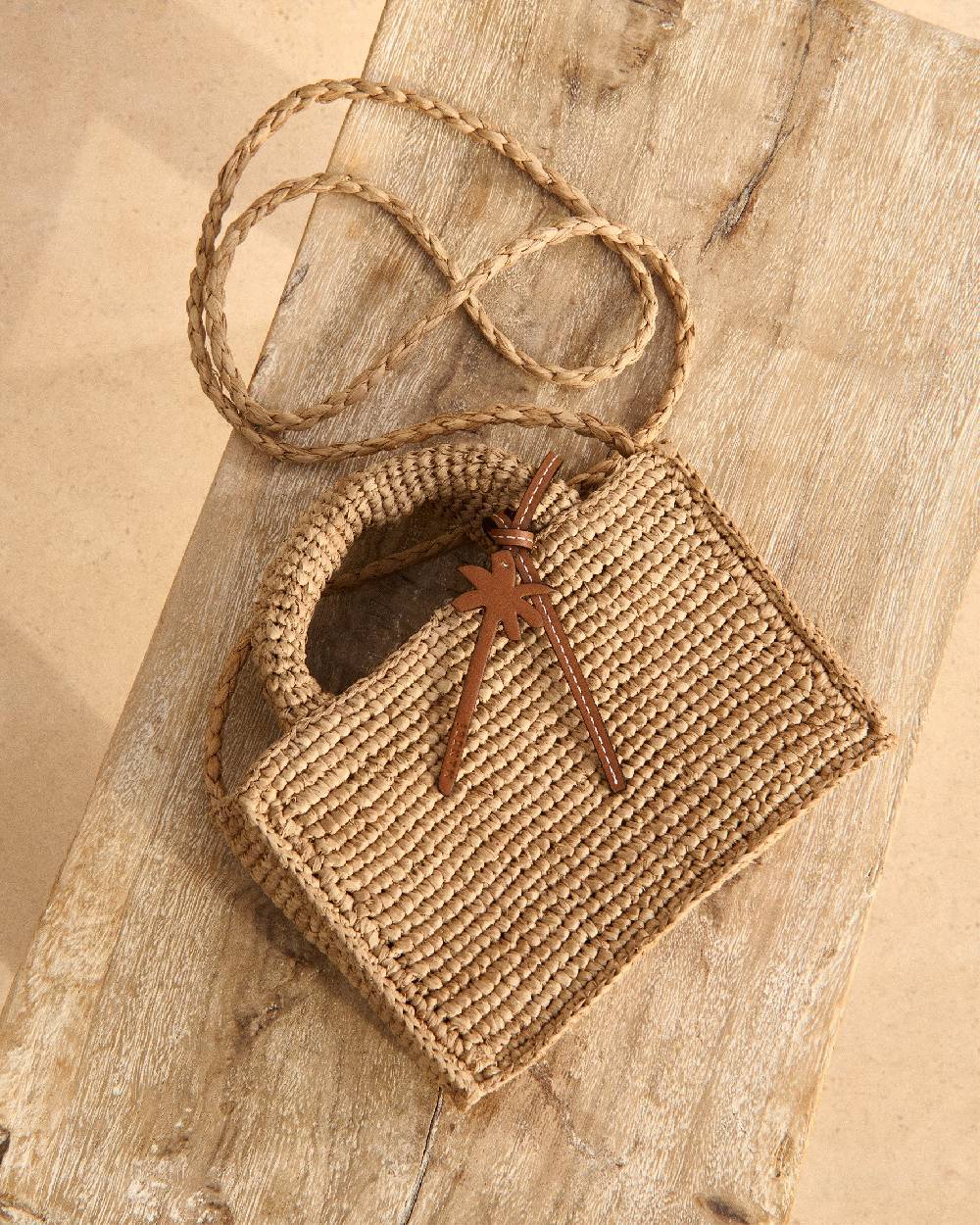 Manebí Natural Raffia Sunset Bag Mini - Palm Leather Tag - Tan Nuova
