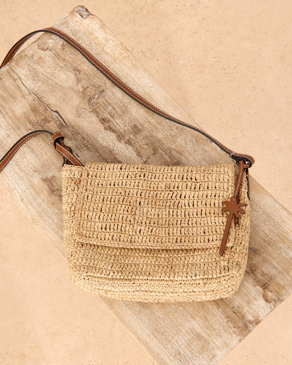 Manebí Raffia Summer Night Bag Medium - Leather Handle \u0026 Palm Leather Tag Natural and Brown 2025