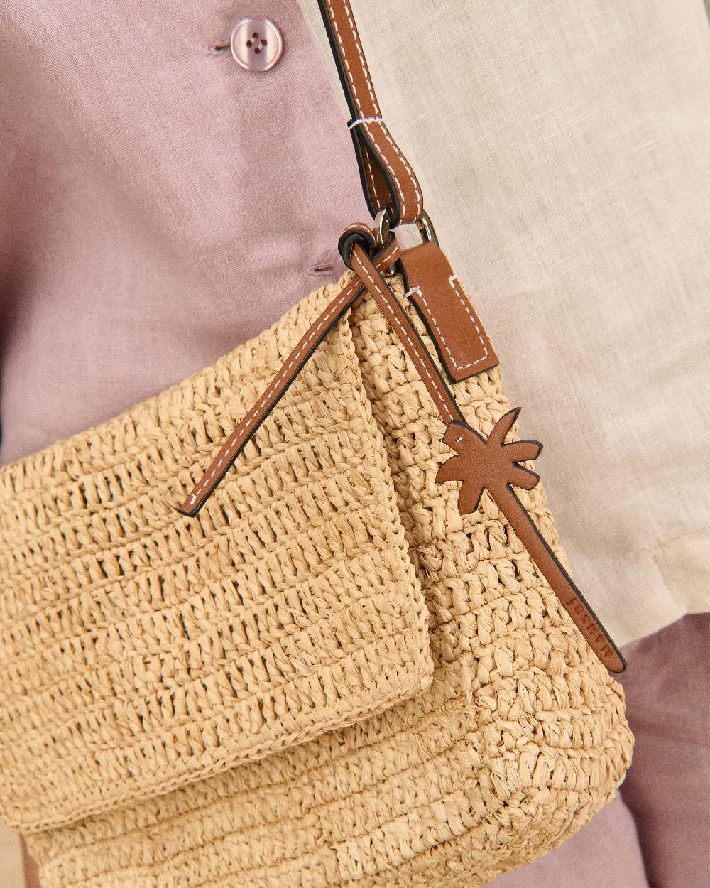 Manebí Raffia Summer Night Bag Medium - Leather Handle \u0026 Palm Leather Tag Natural and Brown 2025