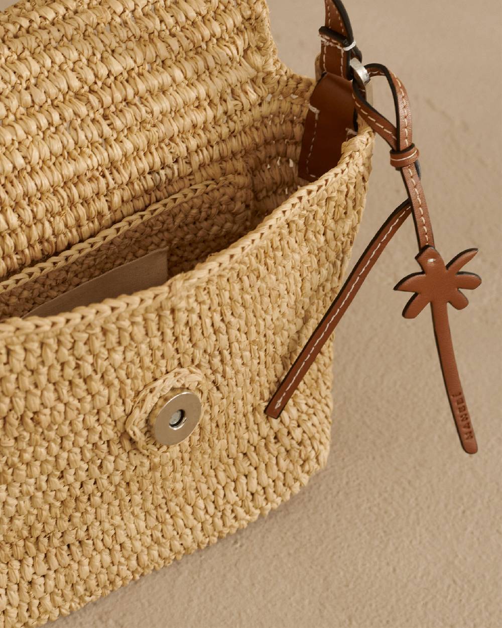 Manebí Raffia Summer Night Bag Medium - Leather Handle \u0026 Palm Leather Tag Natural and Brown 2025
