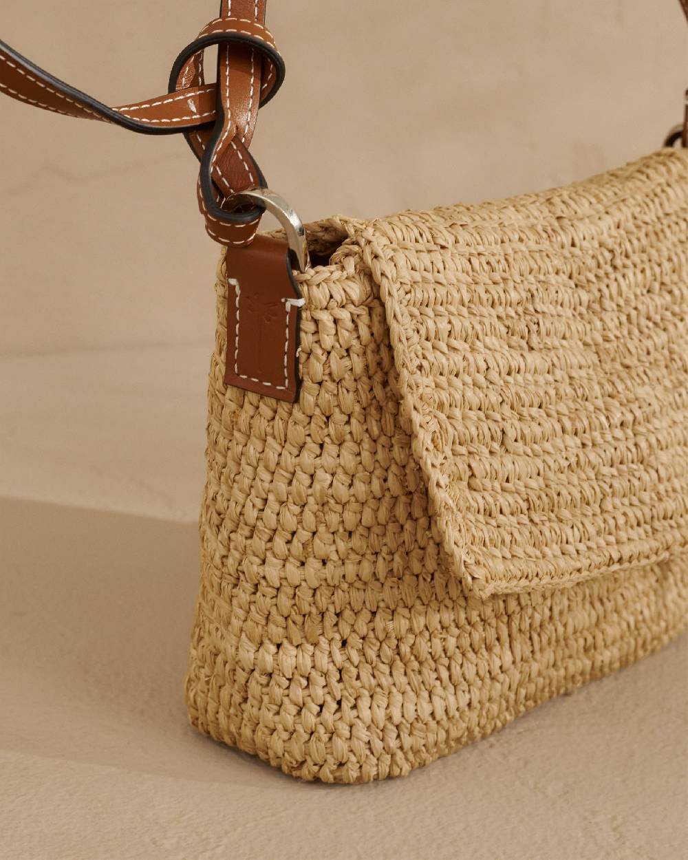 Manebí Raffia Summer Night Bag Medium - Leather Handle \u0026 Palm Leather Tag Natural and Brown 2025
