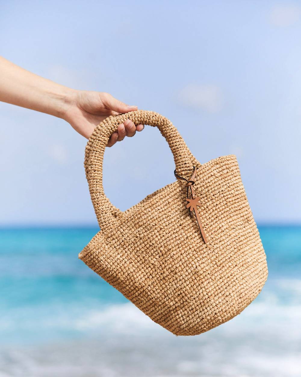 Manebí Raffia Summer Bag Medium - Palm Leather Tag Tan Italy
