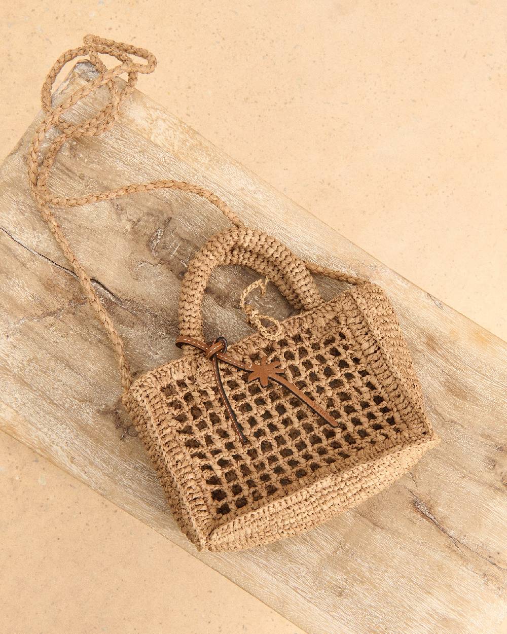 Manebí Natural Raffia Sunset|Bag Mini Net - Palm Leather Tag Tan 2025