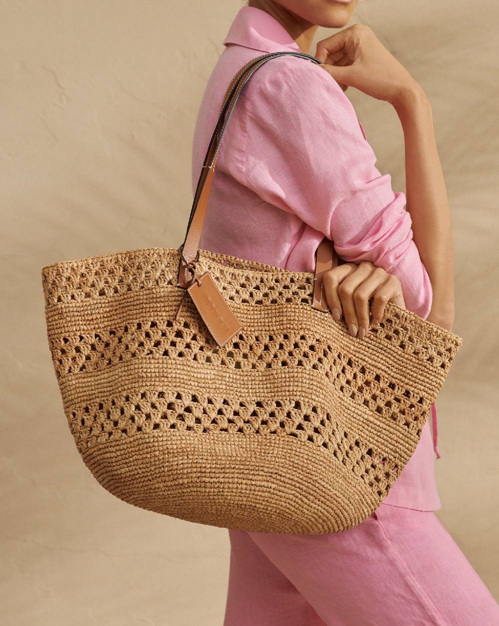 Manebí Weaving Raffia \u0026 Leather Basket Bag - Leather Tag Spedizione Gratuita