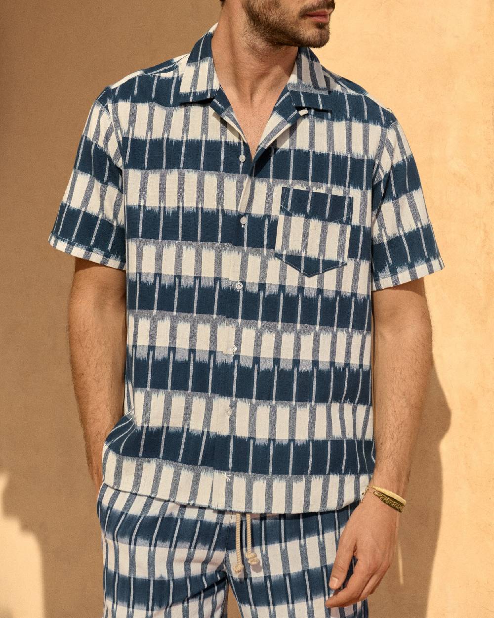 Manebí Dyed Cotton|Havana Camp-Collar Shirt - Navy Blue \u0026 Indigo Pattern Shopping Online