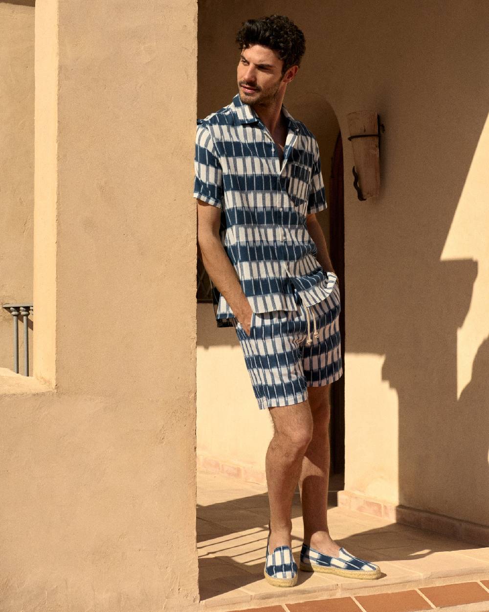 Manebí Dyed Cotton|Havana Camp-Collar Shirt - Navy Blue \u0026 Indigo Pattern Shopping Online