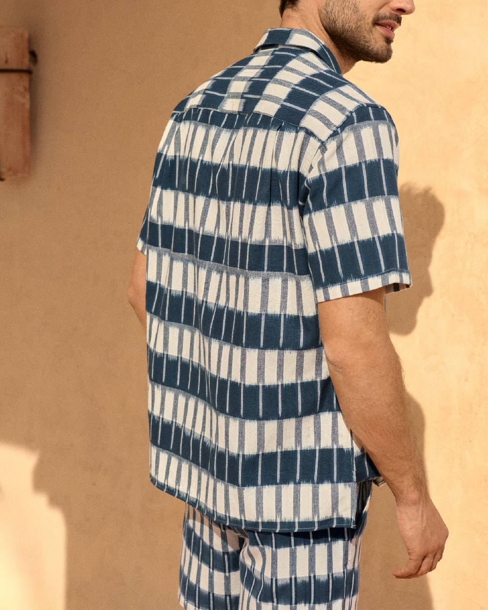 Manebí Dyed Cotton|Havana Camp-Collar Shirt - Navy Blue \u0026 Indigo Pattern Shopping Online