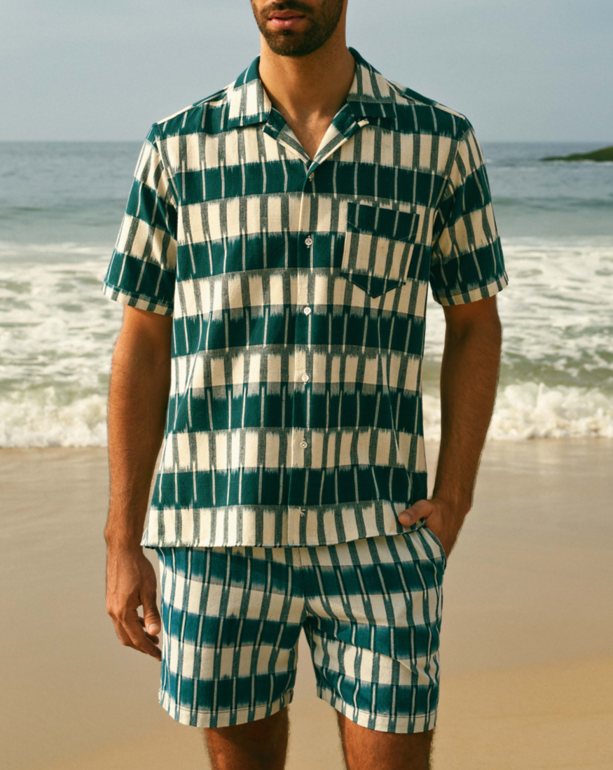 Manebí Dyed Cotton|Havana Camp-Collar Shirt - Navy Blue \u0026 Indigo Pattern Shopping Online