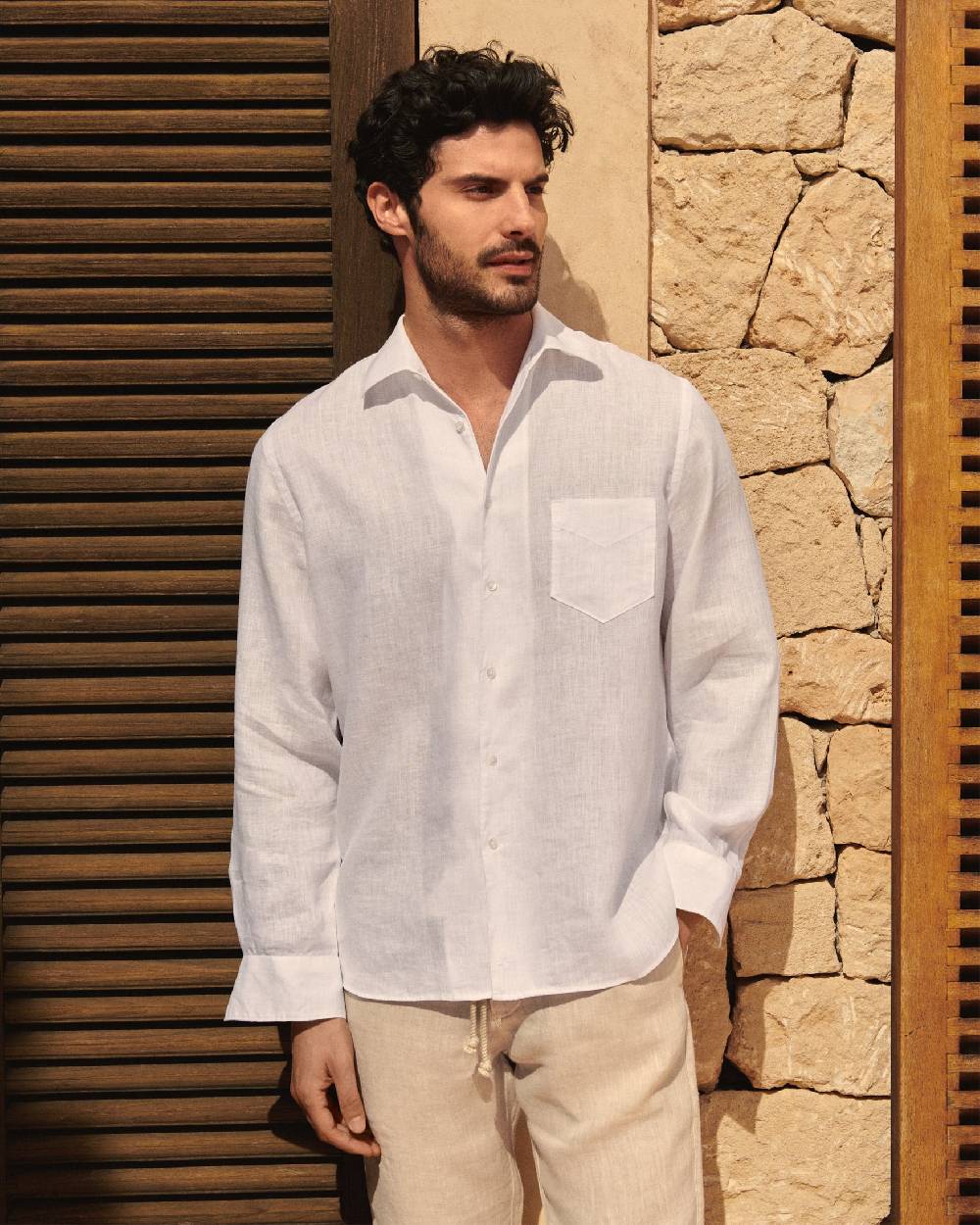 Manebí Linen Panama Shirt - Embroidered Palm White Novità