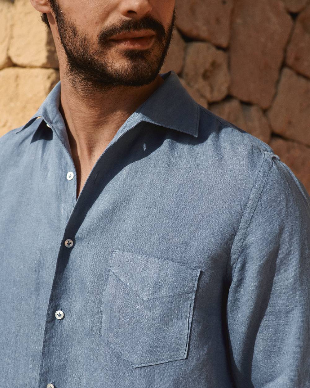 Manebí Washed Linen Panama Shirt - Embroidered Palm Navy Blue Saldi
