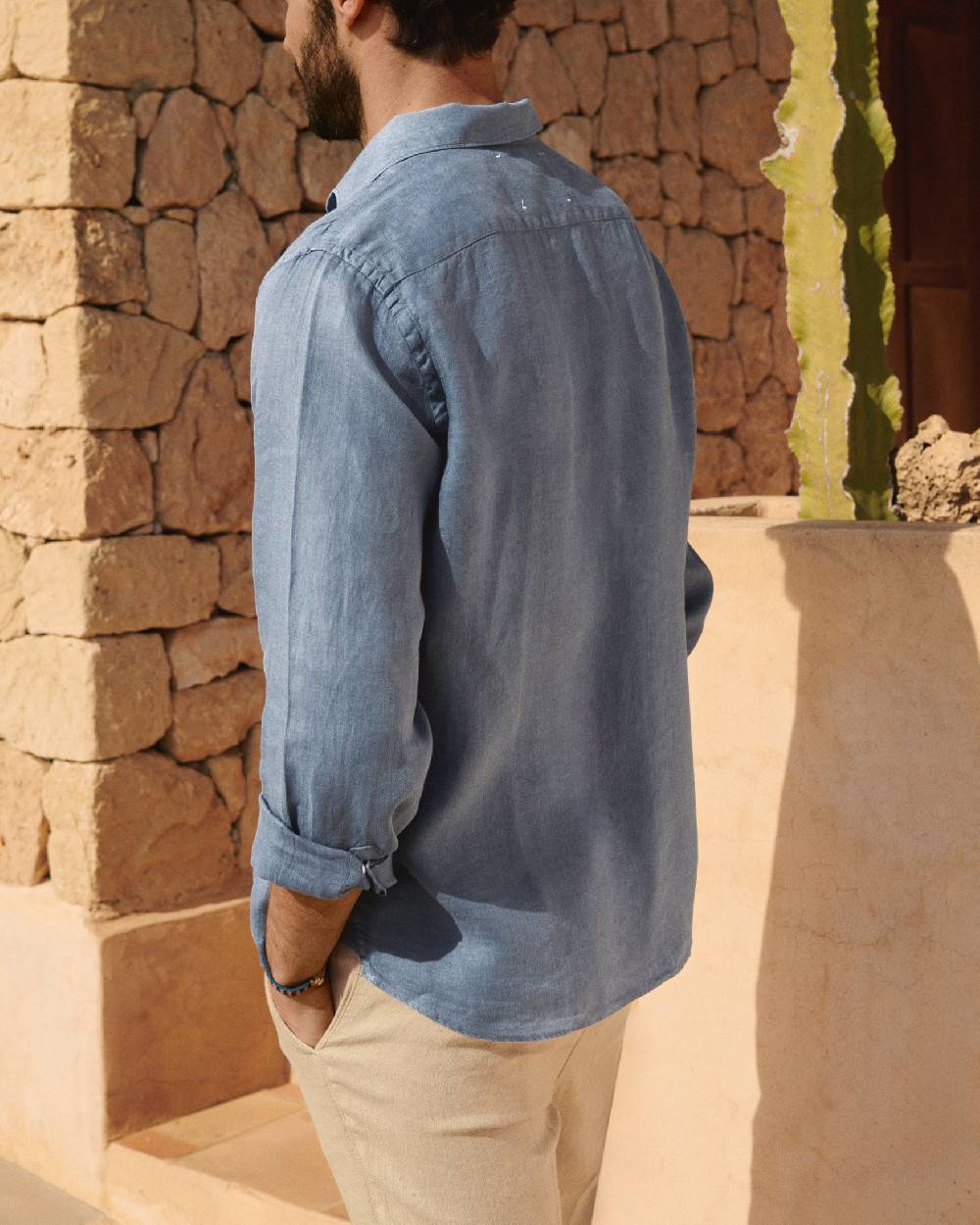 Manebí Washed Linen Panama Shirt - Embroidered Palm Navy Blue Saldi