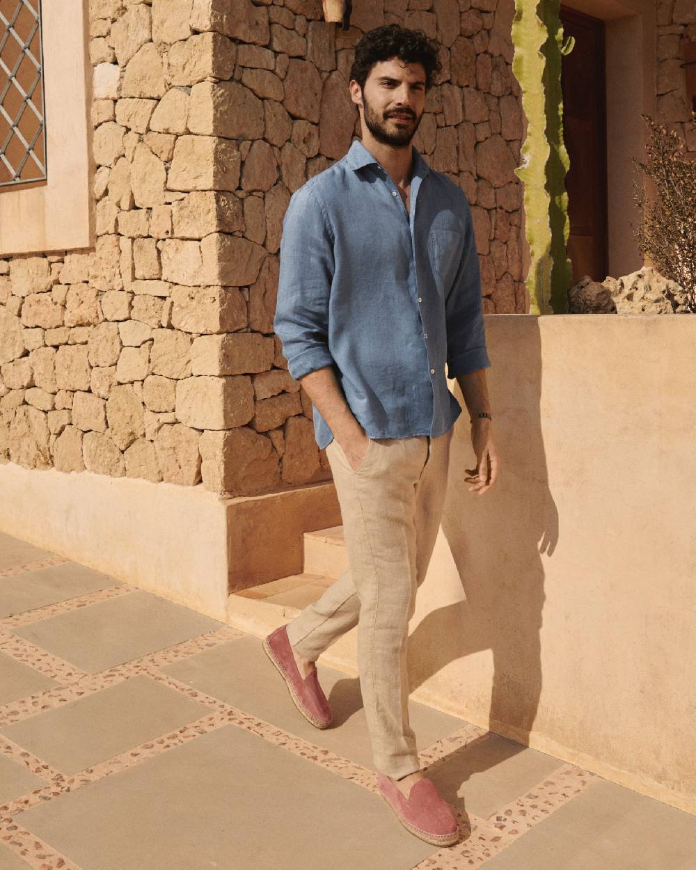 Manebí Washed Linen Panama Shirt - Embroidered Palm Navy Blue Saldi