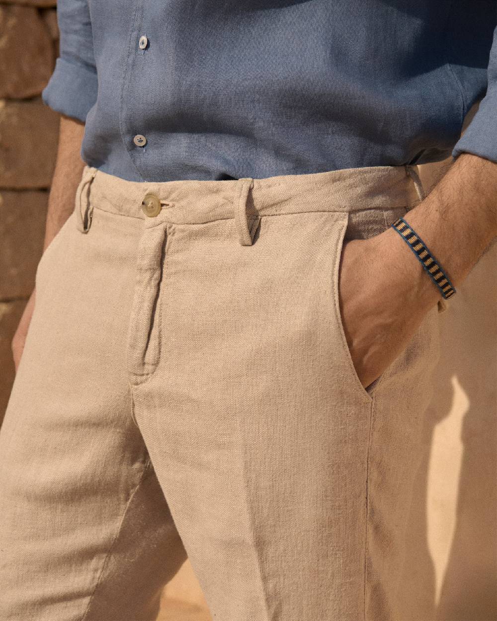 Manebí Woven Linen Milano Trousers - Kaki Beige Offerte