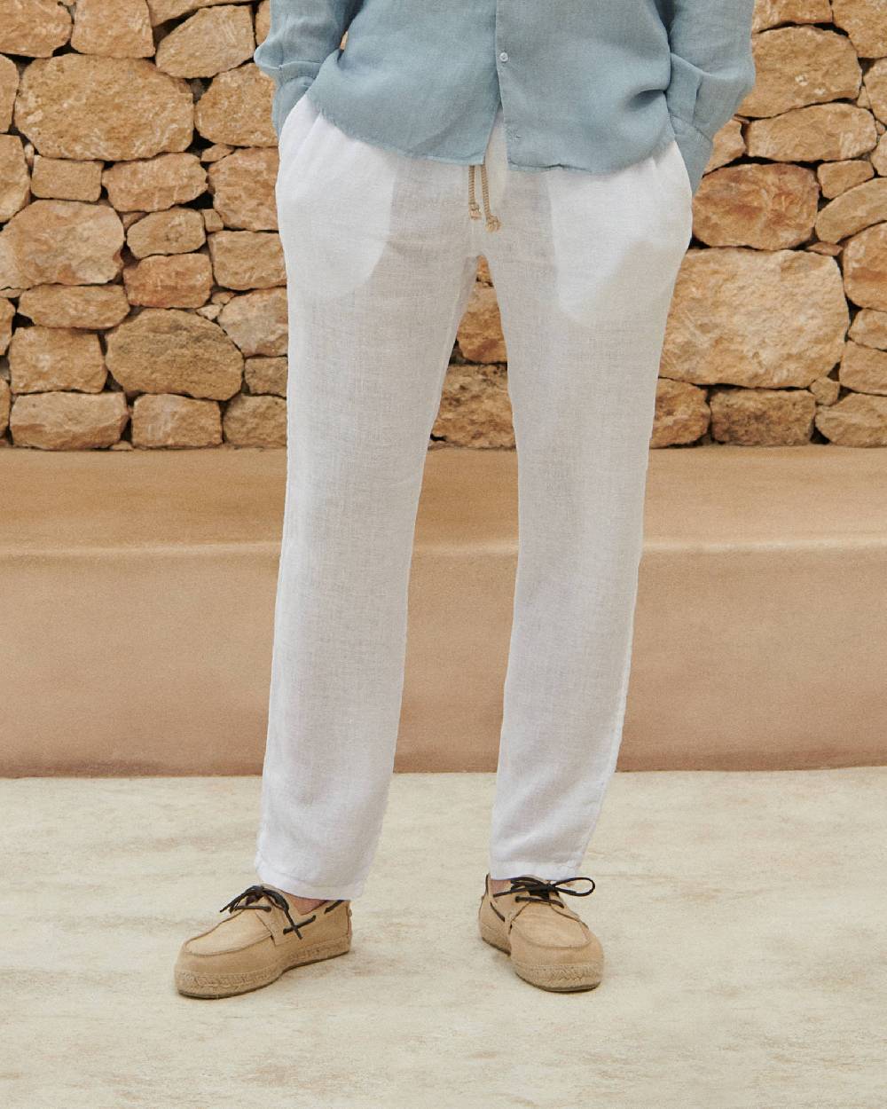 Manebí Washed Linen Venice Trousers - Embroidered Logo White Vendita Calda