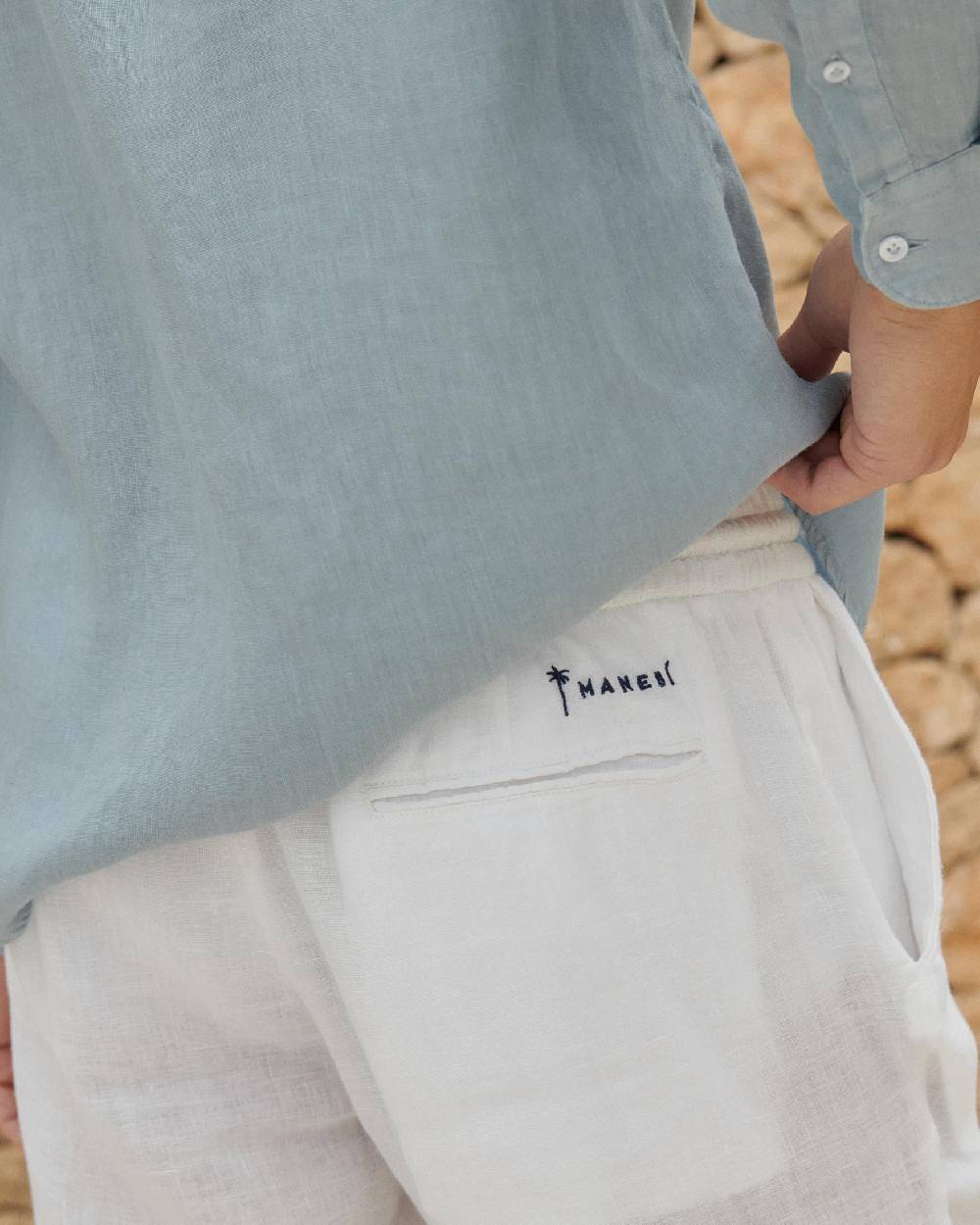 Manebí Washed Linen Venice Trousers - Embroidered Logo White Vendita Calda