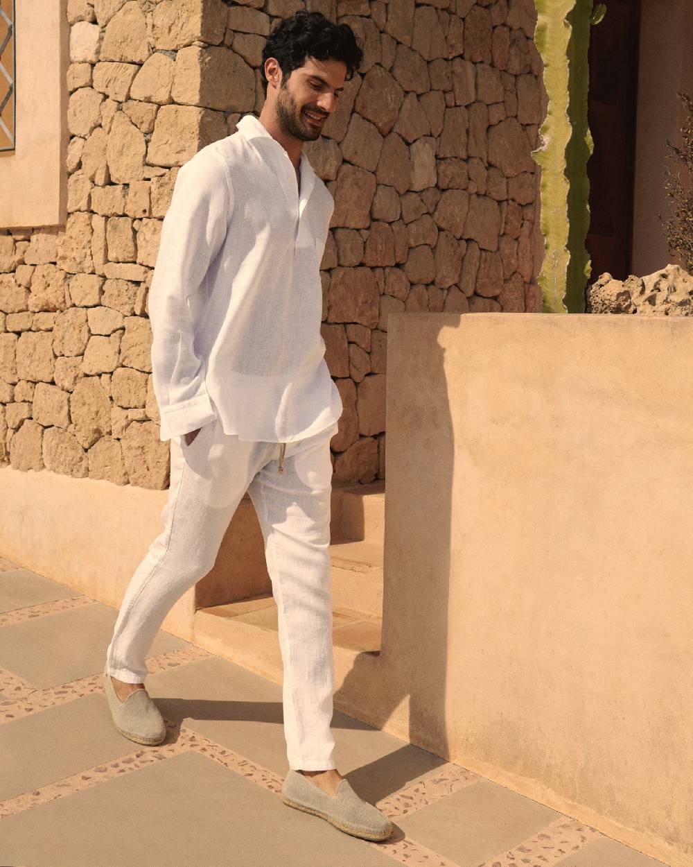 Manebí Washed Linen Venice Trousers - Embroidered Logo White Vendita Calda