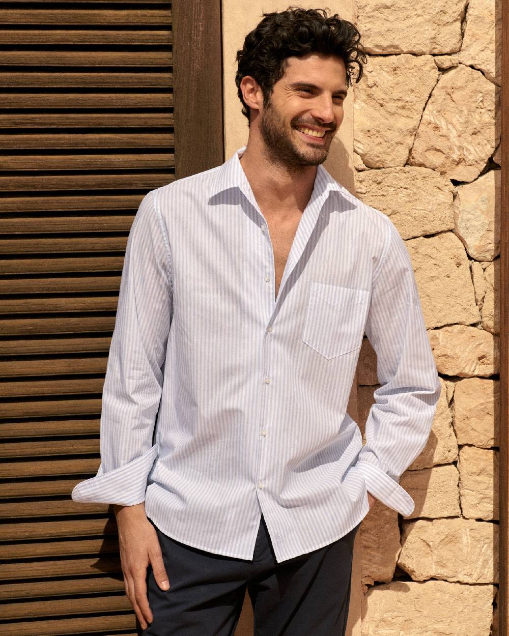 Manebí Poplin Panama Shirt - Light Blue \u0026 White Watercolor Stripes Shopping online