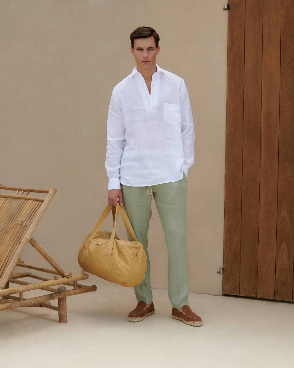 Manebí Linen Nassau Polo Shirt - Embroidered Palm Off White Vendita calda