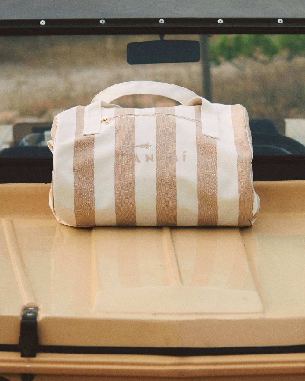 Manebí Canvas Weekend Bag - Embroidered Logo White and Beige Stripes Lightning offer