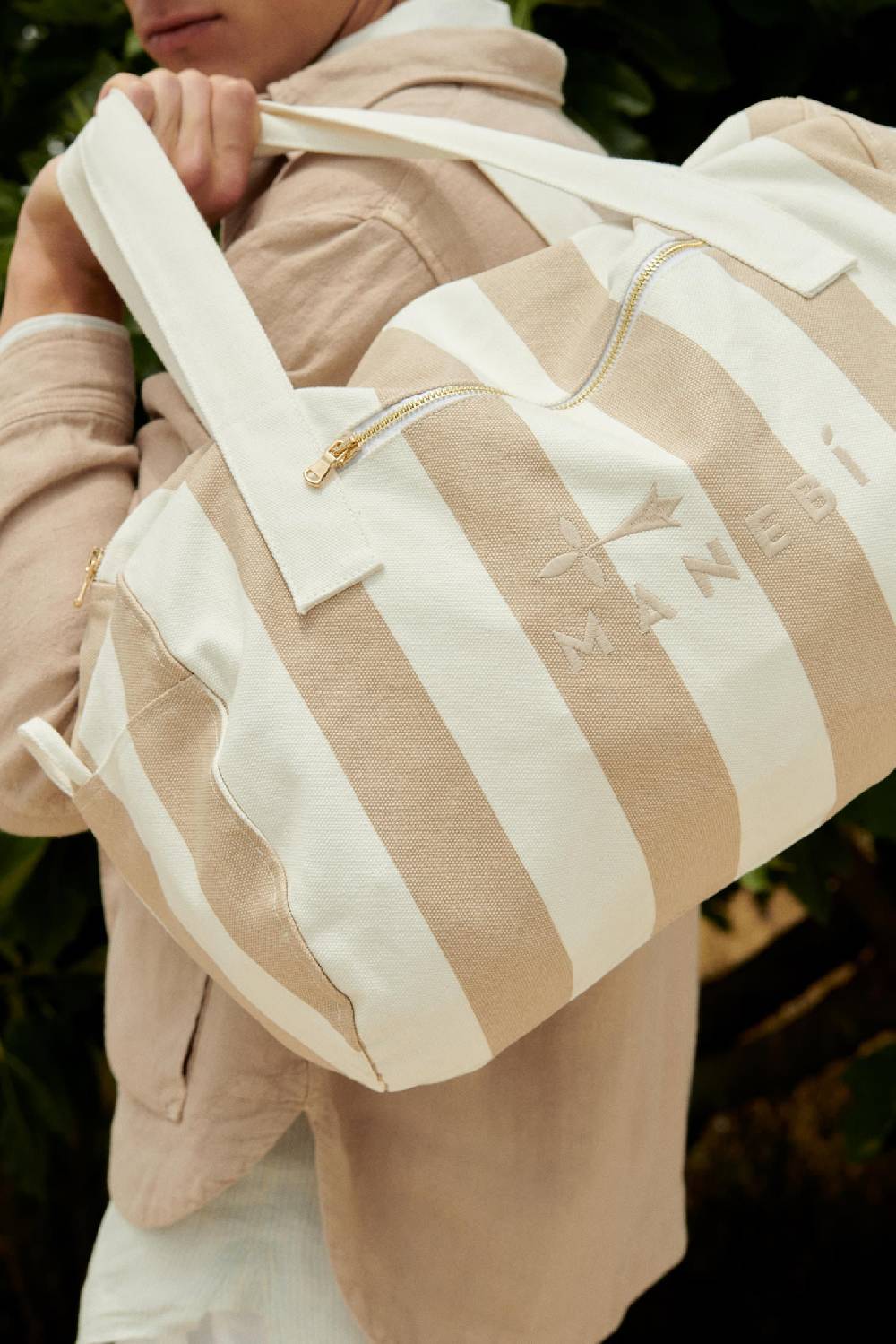 Manebí Canvas Weekend Bag - Embroidered Logo White and Beige Stripes Lightning offer