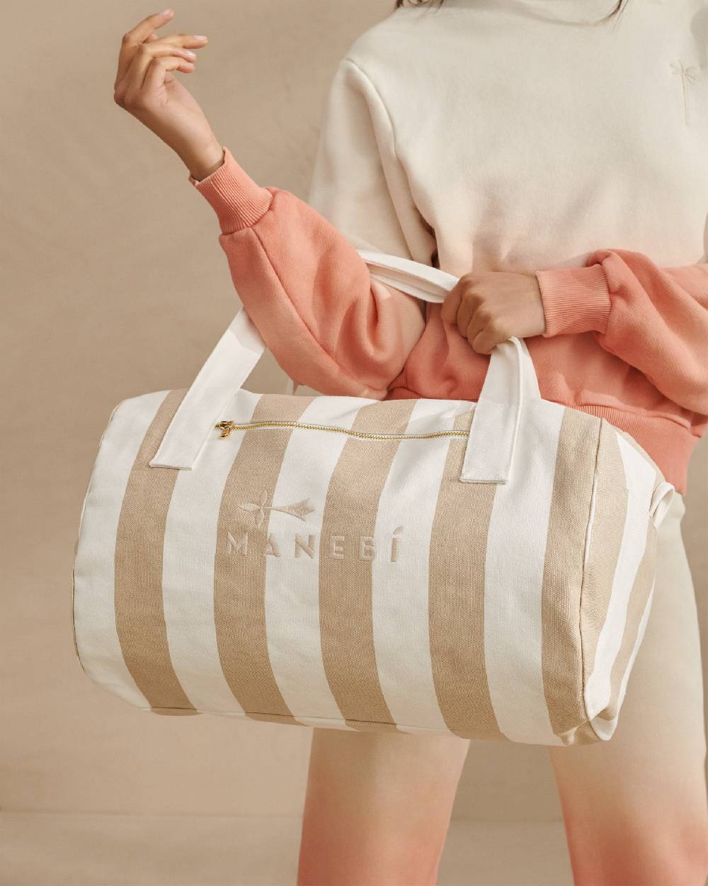 Manebí Canvas Weekend Bag - Embroidered Logo White and Beige Stripes Lightning offer