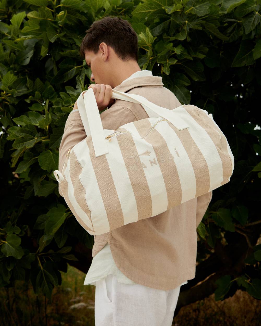 Manebí Canvas Weekend Bag - Embroidered Logo White and Beige Stripes Lightning offer