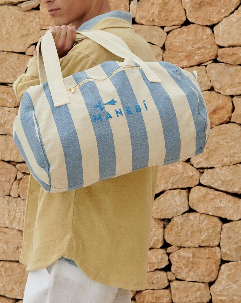 Manebí Canvas Weekend Bag - Embroidered Logo White and Indigo Stripes Comprane uno, ottenene uno gratis