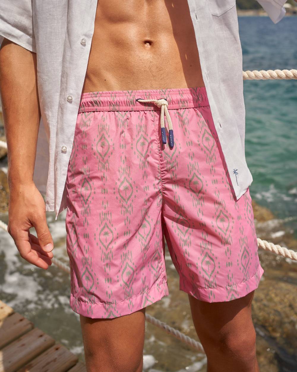 Manebí Printed Ikat With Palm Swim Shorts - Recycled Ultra Light Antique Rose Kaki Ikat W Palm Italy
