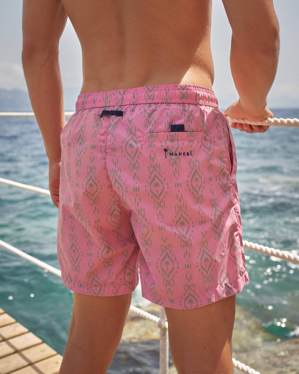 Manebí Printed Ikat With Palm Swim Shorts - Recycled Ultra Light Antique Rose Kaki Ikat W Palm Italy