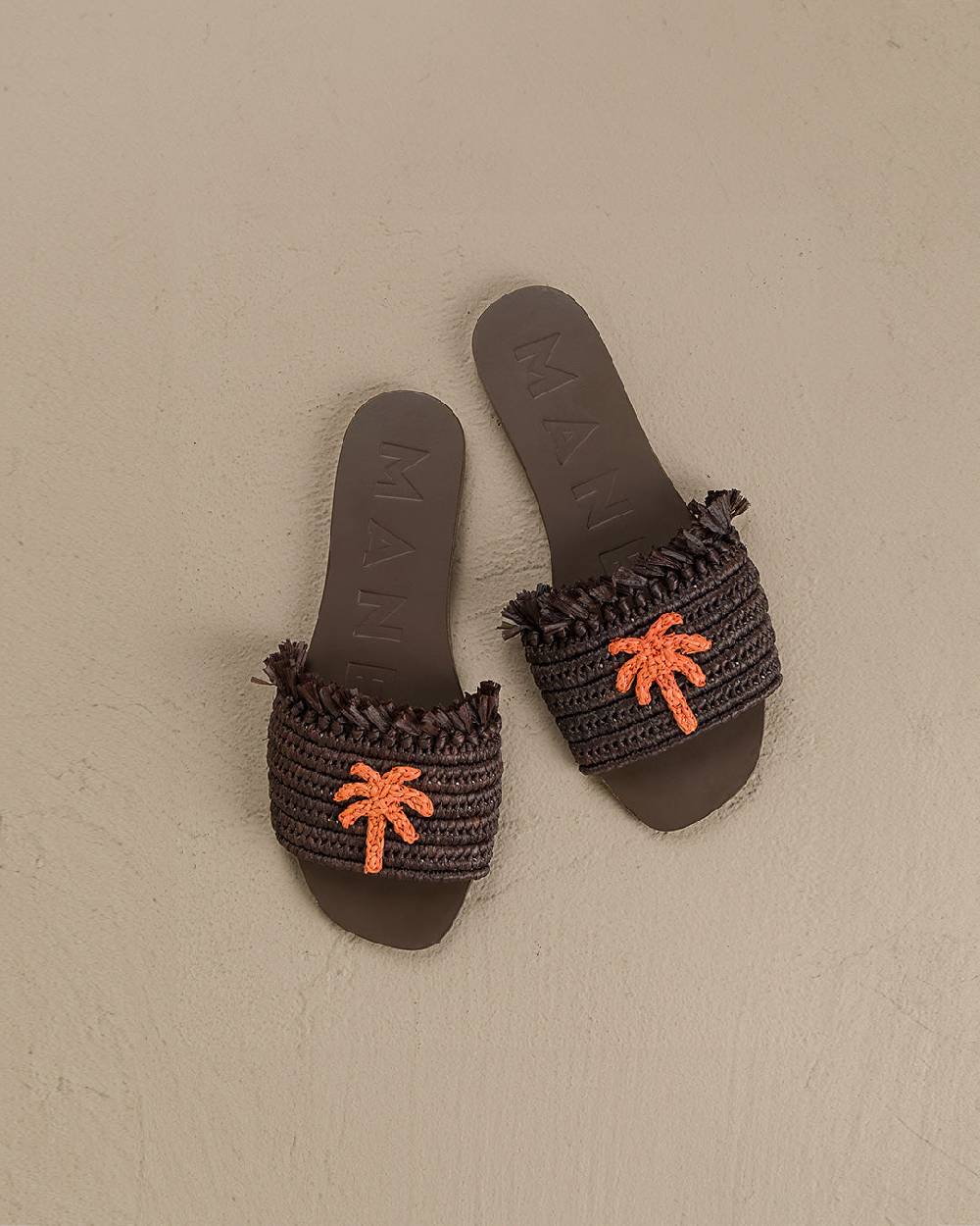 Manebí Fringed Knots Raffia|and Leather Sandals - Yucatán Cocoa With Orange Dust Palm Novità