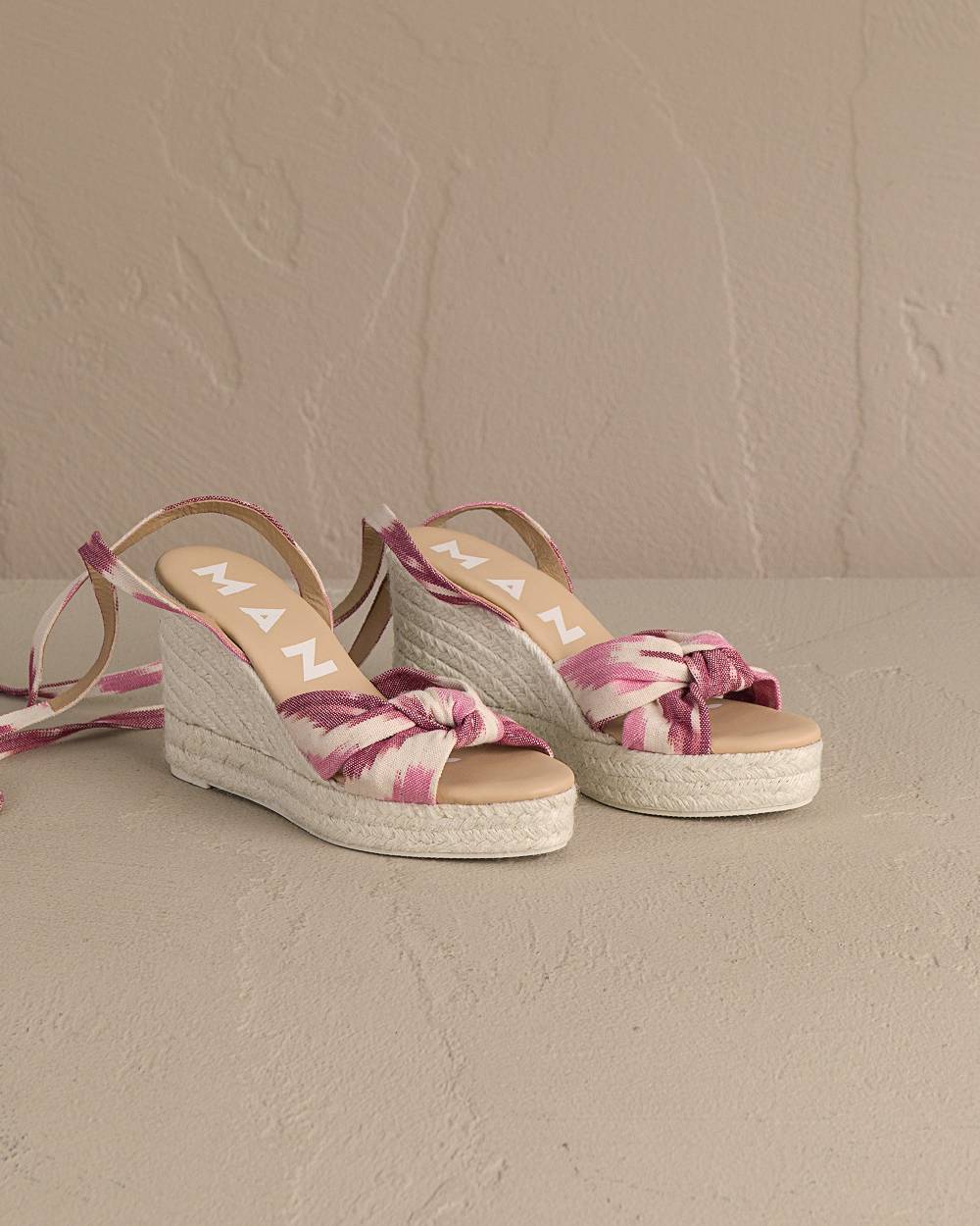 Manebí Dyed Cotton Wedge Espadrilles|With Knot - Tulum Pink And White Ikat Presa