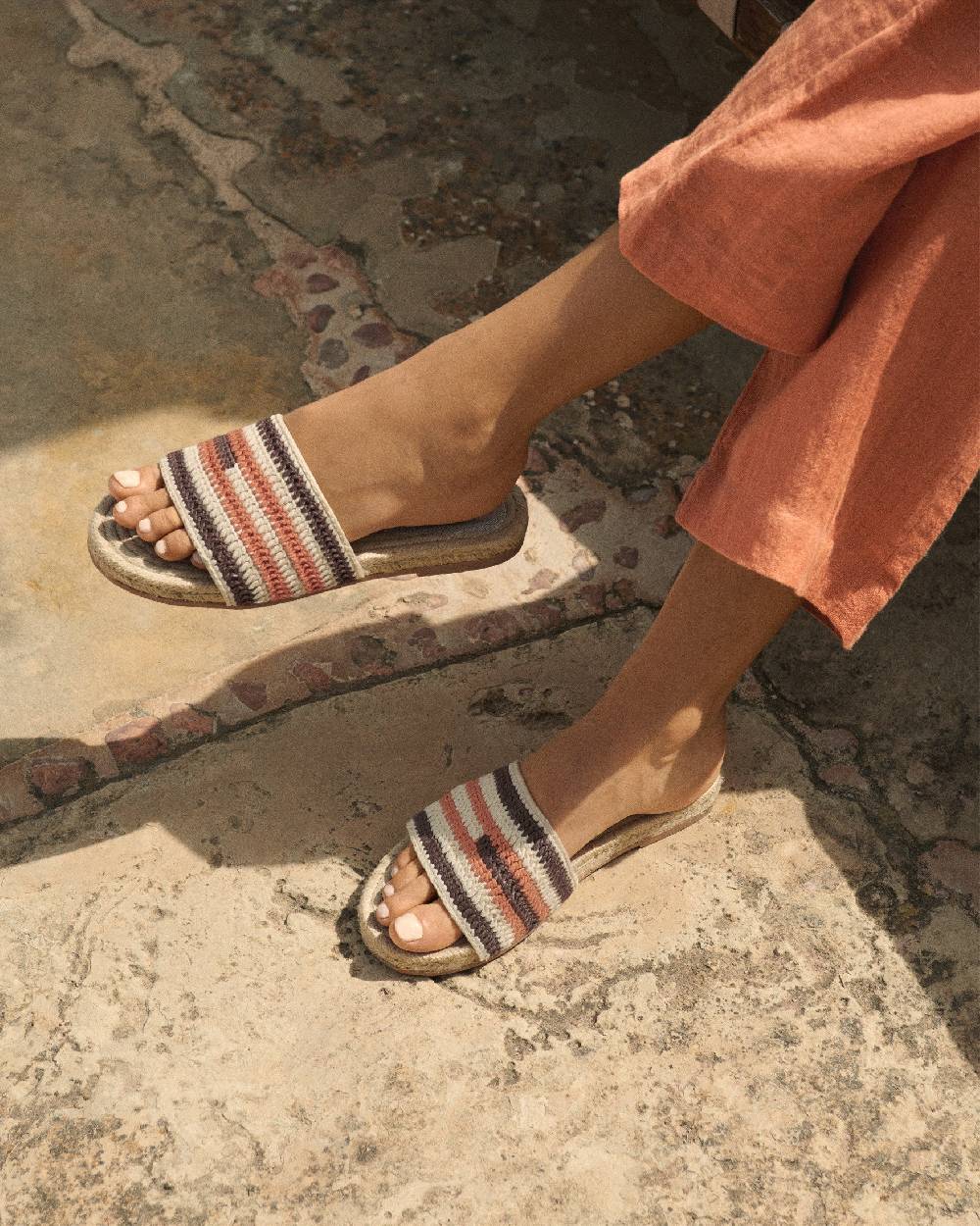 Manebí Cotton Crochet Jute Sandals - Cocoa \u0026 Orange Rust Stripes Sconto