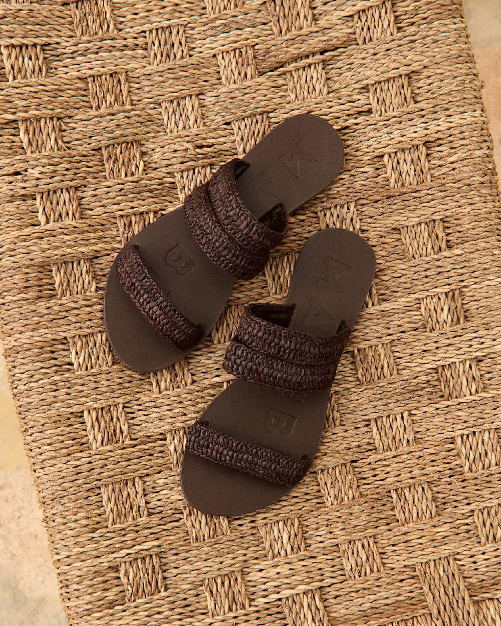 Manebí Raffia Stripes Leather|Three Bands Sandals - Cocoa Vendita Economica