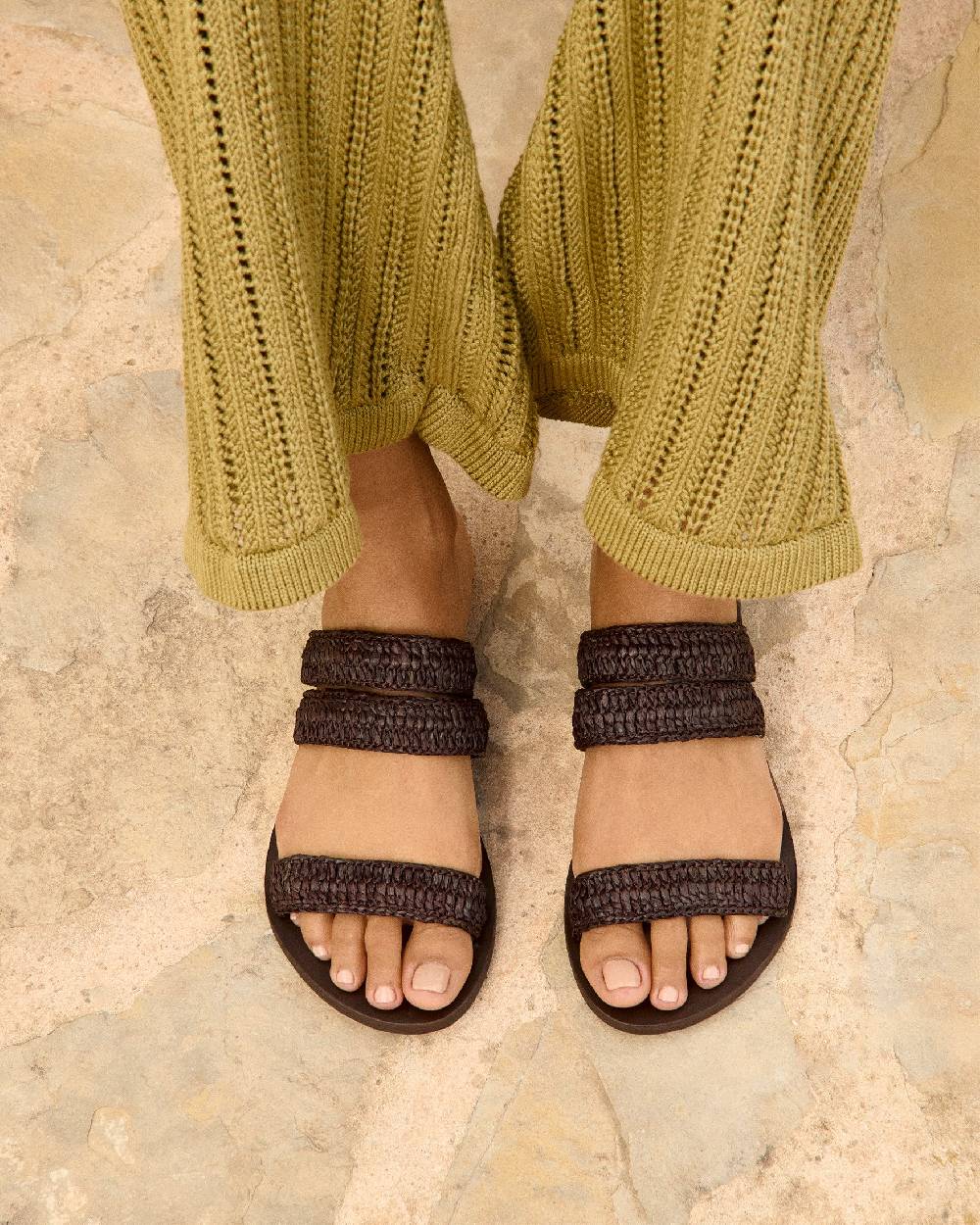 Manebí Raffia Stripes Leather|Three Bands Sandals - Cocoa Vendita Economica
