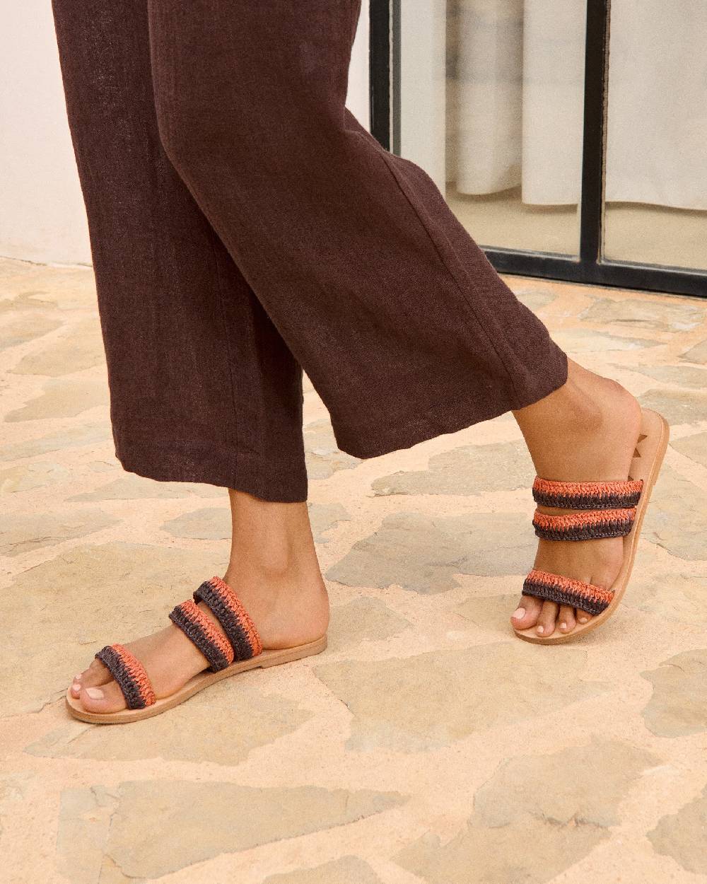 Manebí Raffia Stripes Leather|Three Bands Sandals - Orange Rust \u0026 Cocoa Vendite Flash