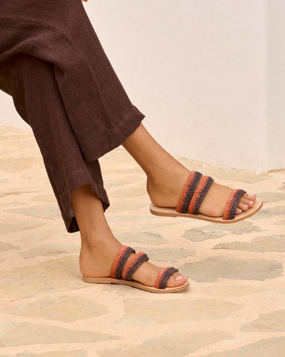 Manebí Raffia Stripes Leather|Three Bands Sandals - Orange Rust \u0026 Cocoa Vendite Flash